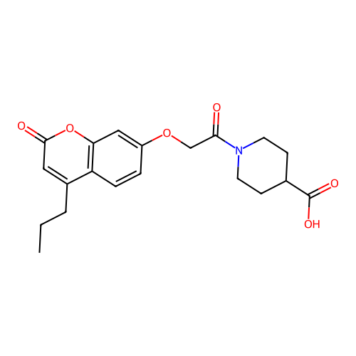 1-(2-((2-oxo-4-propyl-2H-chromen-7-yl)oxy)acetyl)piperidine-4-carboxylic acid structure