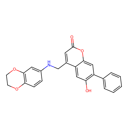 4-(((2,3-dihydrobenzo[b][1,4]dioxin-6-yl)amino)methyl)-6-hydroxy-7-phenyl-2H-chromen-2-one structure