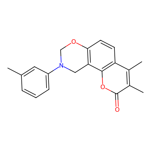 3,4-dimethyl-9-(m-tolyl)-9,10-dihydrochromeno[8,7-e][1,3]oxazin-2(8H)-one structure