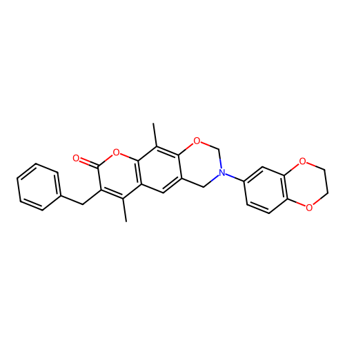 7-benzyl-3-(2,3-dihydrobenzo[b][1,4]dioxin-6-yl)-6,10-dimethyl-3,4-dihydrochromeno[6,7-e][1,3]oxazin-8(2H)-one structure