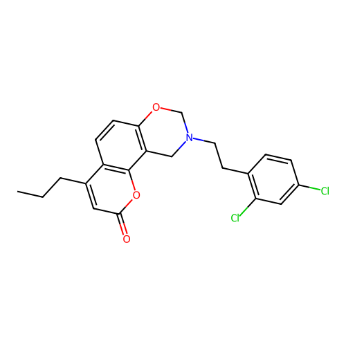 9-(2,4-dichlorophenethyl)-4-propyl-9,10-dihydrochromeno[8,7-e][1,3]oxazin-2(8H)-one structure