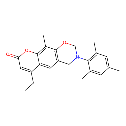 6-ethyl-3-mesityl-10-methyl-3,4-dihydrochromeno[6,7-e][1,3]oxazin-8(2H)-one structure