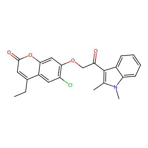 6-chloro-7-(2-(1,2-dimethyl-1H-indol-3-yl)-2-oxoethoxy)-4-ethyl-2H-chromen-2-one structure
