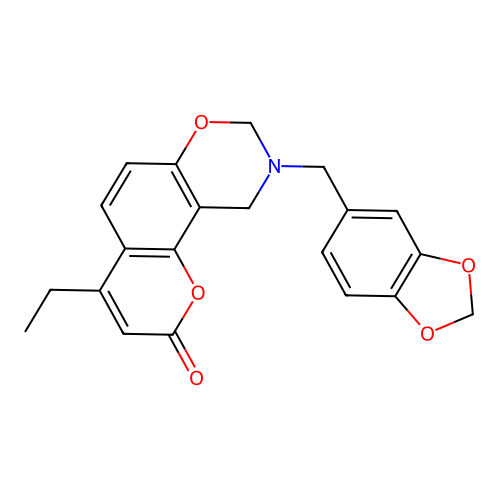 9-(benzo[d][1,3]dioxol-5-ylmethyl)-4-ethyl-9,10-dihydrochromeno[8,7-e][1,3]oxazin-2(8H)-one structure