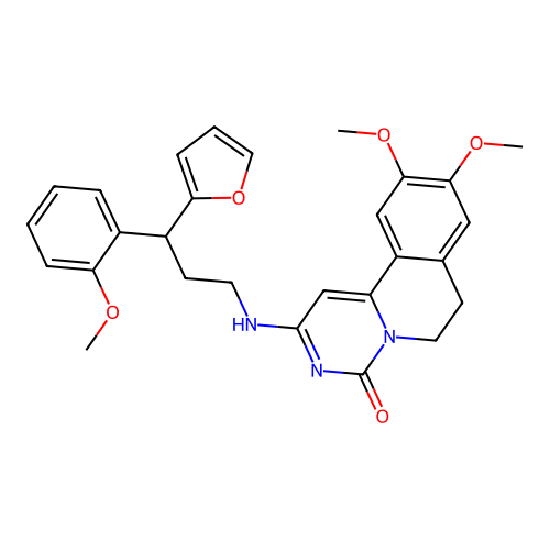 2-((3-(furan-2-yl)-3-(2-methoxyphenyl)propyl)amino)-9,10-dimethoxy-6,7-dihydro-4H-pyrimido[6,1-a]isoquinolin-4-one structure