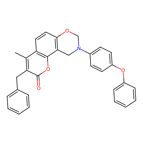 3-benzyl-4-methyl-9-(4-phenoxyphenyl)-9,10-dihydrochromeno[8,7-e][1,3]oxazin-2(8H)-one structure