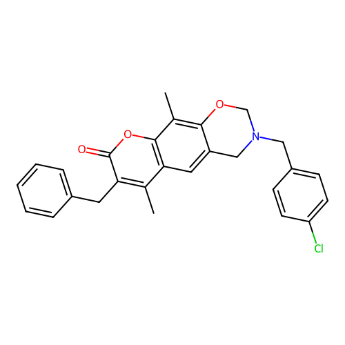 7-benzyl-3-(4-chlorobenzyl)-6,10-dimethyl-3,4-dihydrochromeno[6,7-e][1,3]oxazin-8(2H)-one structure