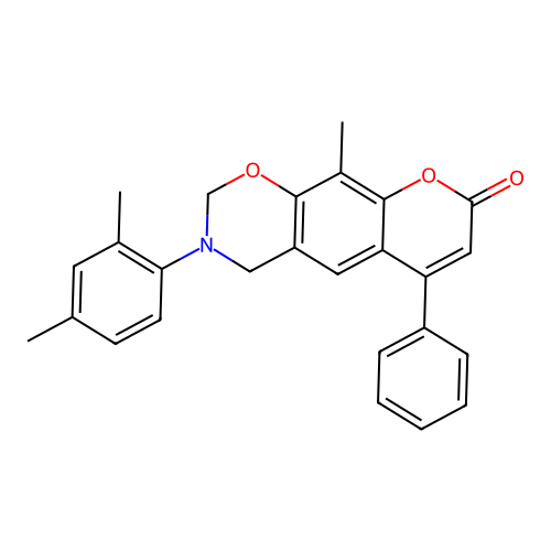 3-(2,4-dimethylphenyl)-10-methyl-6-phenyl-3,4-dihydrochromeno[6,7-e][1,3]oxazin-8(2H)-one structure