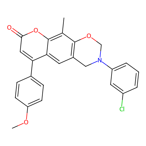 3-(3-chlorophenyl)-6-(4-methoxyphenyl)-10-methyl-3,4-dihydrochromeno[6,7-e][1,3]oxazin-8(2H)-one structure