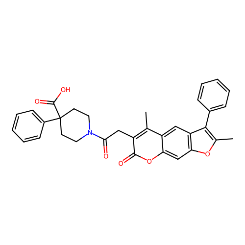 1-(2-(2,5-dimethyl-7-oxo-3-phenyl-7H-furo[3,2-g]chromen-6-yl)acetyl)-4-phenylpiperidine-4-carboxylic acid structure
