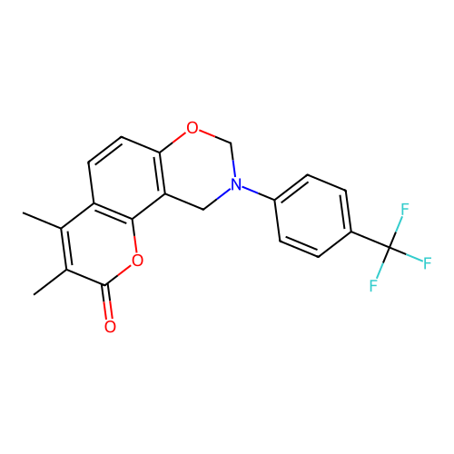 3,4-dimethyl-9-(4-(trifluoromethyl)phenyl)-9,10-dihydrochromeno[8,7-e][1,3]oxazin-2(8H)-one structure