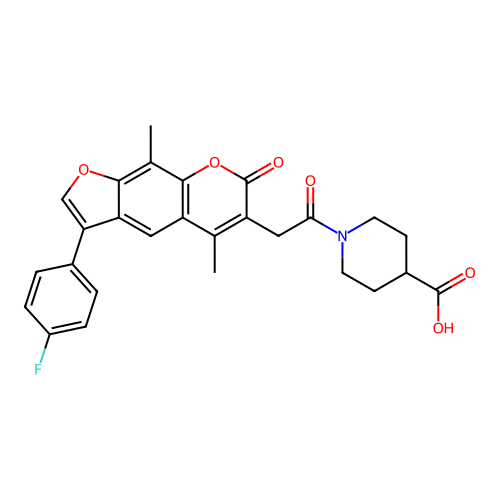 1-(2-(3-(4-fluorophenyl)-5,9-dimethyl-7-oxo-7H-furo[3,2-g]chromen-6-yl)acetyl)piperidine-4-carboxylic acid structure