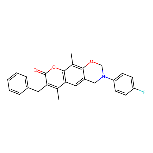7-benzyl-3-(4-fluorophenyl)-6,10-dimethyl-3,4-dihydrochromeno[6,7-e][1,3]oxazin-8(2H)-one structure