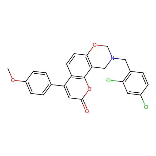 9-(2,4-dichlorobenzyl)-4-(4-methoxyphenyl)-9,10-dihydrochromeno[8,7-e][1,3]oxazin-2(8H)-one structure