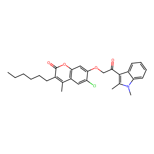 6-chloro-7-(2-(1,2-dimethyl-1H-indol-3-yl)-2-oxoethoxy)-3-hexyl-4-methyl-2H-chromen-2-one structure