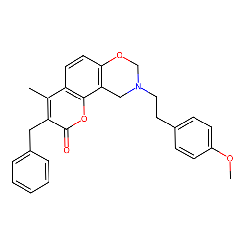 3-benzyl-9-(4-methoxyphenethyl)-4-methyl-9,10-dihydrochromeno[8,7-e][1,3]oxazin-2(8H)-one structure