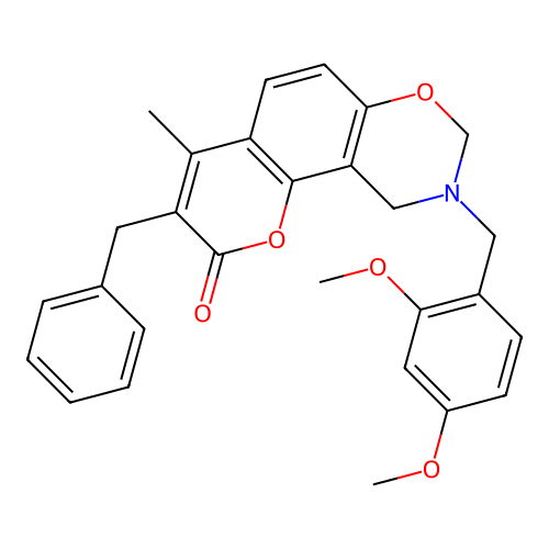 3-benzyl-9-(2,4-dimethoxybenzyl)-4-methyl-9,10-dihydrochromeno[8,7-e][1,3]oxazin-2(8H)-one structure