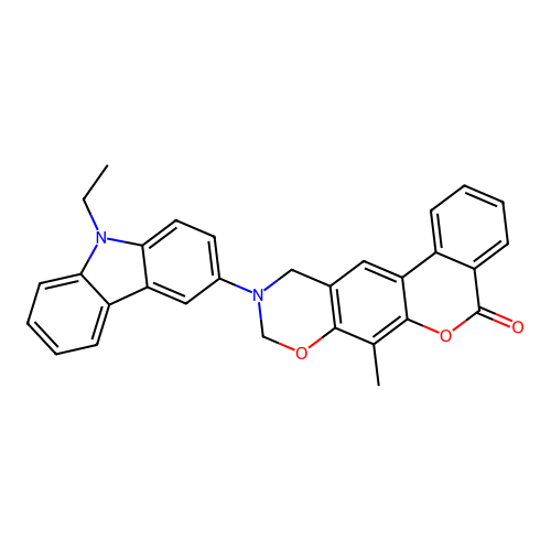 10-(9-ethyl-9H-carbazol-3-yl)-7-methyl-10,11-dihydrobenzo[3,4]chromeno[6,7-e][1,3]oxazin-5(9H)-one structure