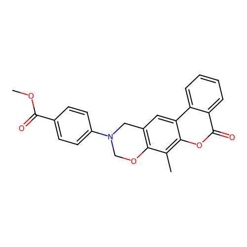 methyl 4-(7-methyl-5-oxobenzo[3,4]chromeno[6,7-e][1,3]oxazin-10(5H,9H,11H)-yl)benzoate structure
