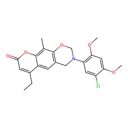 3-(5-chloro-2,4-dimethoxyphenyl)-6-ethyl-10-methyl-3,4-dihydrochromeno[6,7-e][1,3]oxazin-8(2H)-one structure