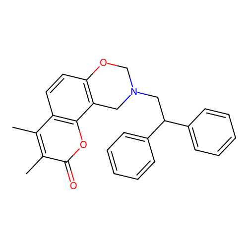 9-(2,2-diphenylethyl)-3,4-dimethyl-9,10-dihydrochromeno[8,7-e][1,3]oxazin-2(8H)-one structure