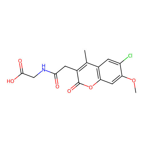 N-[(6-chloro-7-methoxy-4-methyl-2-oxo-2H-chromen-3-yl)acetyl]glycine structure