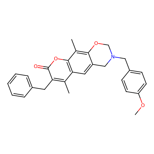7-benzyl-3-(4-methoxybenzyl)-6,10-dimethyl-3,4-dihydrochromeno[6,7-e][1,3]oxazin-8(2H)-one structure
