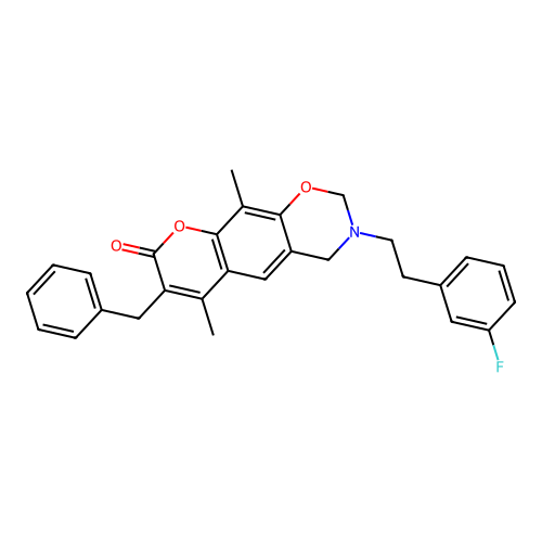 7-benzyl-3-(3-fluorophenethyl)-6,10-dimethyl-3,4-dihydrochromeno[6,7-e][1,3]oxazin-8(2H)-one structure