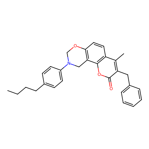 3-benzyl-9-(4-butylphenyl)-4-methyl-9,10-dihydrochromeno[8,7-e][1,3]oxazin-2(8H)-one structure