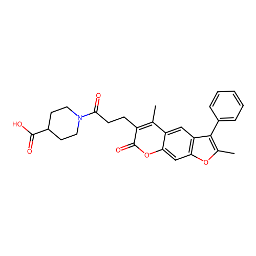 1-(3-(2,5-dimethyl-7-oxo-3-phenyl-7H-furo[3,2-g]chromen-6-yl)propanoyl)piperidine-4-carboxylic acid structure