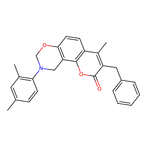 3-benzyl-9-(2,4-dimethylphenyl)-4-methyl-8,10-dihydropyrano[2,3-f][1,3]benzoxazin-2-one structure