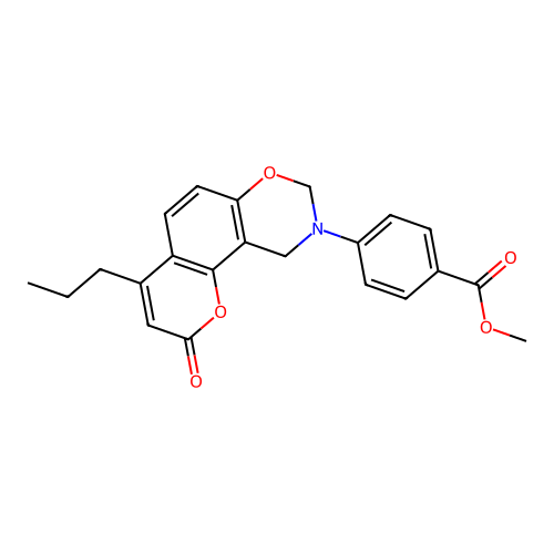 methyl 4-(2-oxo-4-propyl-2H,8H-chromeno[8,7-e][1,3]oxazin-9(10H)-yl)benzoate structure