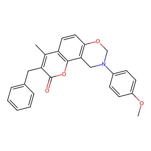 3-benzyl-9-(4-methoxyphenyl)-4-methyl-8,10-dihydropyrano[2,3-f][1,3]benzoxazin-2-one structure