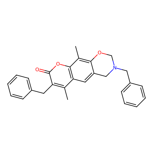 3,7-dibenzyl-6,10-dimethyl-3,4-dihydrochromeno[6,7-e][1,3]oxazin-8(2H)-one structure
