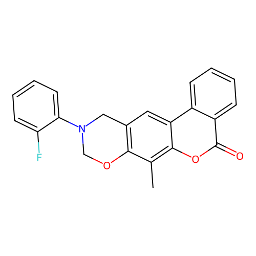 10-(2-fluorophenyl)-7-methyl-10,11-dihydrobenzo[3,4]chromeno[6,7-e][1,3]oxazin-5(9H)-one structure