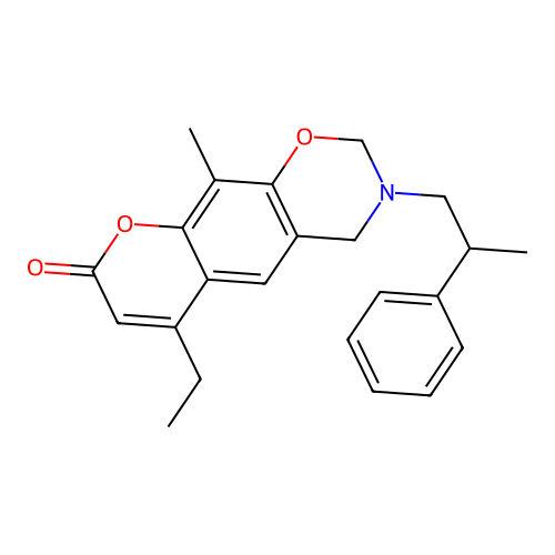 6-ethyl-10-methyl-3-(2-phenylpropyl)-3,4-dihydrochromeno[6,7-e][1,3]oxazin-8(2H)-one structure