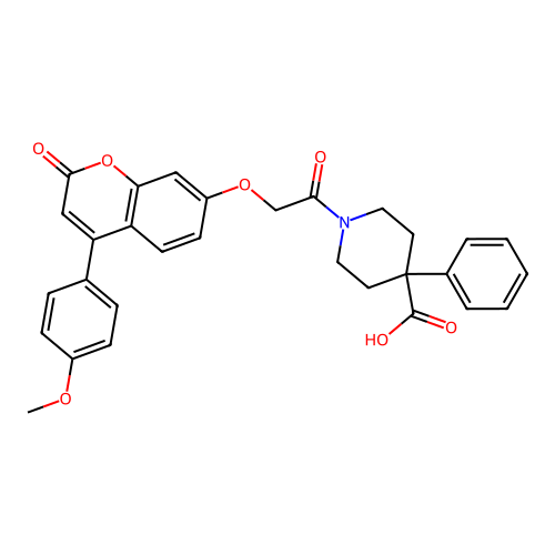 1-(2-((4-(4-methoxyphenyl)-2-oxo-2H-chromen-7-yl)oxy)acetyl)-4-phenylpiperidine-4-carboxylic acid structure