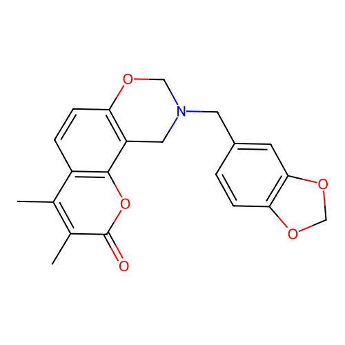 9-(benzo[d][1,3]dioxol-5-ylmethyl)-3,4-dimethyl-9,10-dihydrochromeno[8,7-e][1,3]oxazin-2(8H)-one structure