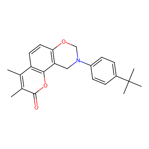 9-(4-(tert-butyl)phenyl)-3,4-dimethyl-9,10-dihydrochromeno[8,7-e][1,3]oxazin-2(8H)-one structure