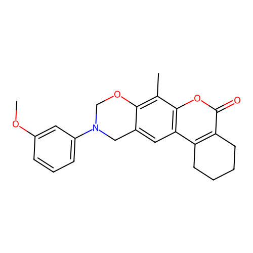 10-(3-methoxyphenyl)-7-methyl-1,2,3,4,10,11-hexahydrobenzo[3,4]chromeno[6,7-e][1,3]oxazin-5(9H)-one structure