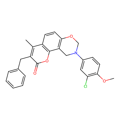 3-benzyl-9-(3-chloro-4-methoxyphenyl)-4-methyl-9,10-dihydrochromeno[8,7-e][1,3]oxazin-2(8H)-one structure