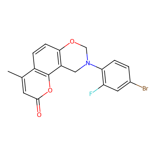 9-(4-bromo-2-fluorophenyl)-4-methyl-9,10-dihydrochromeno[8,7-e][1,3]oxazin-2(8H)-one structure