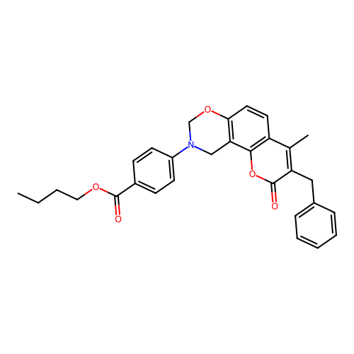 butyl 4-(3-benzyl-4-methyl-2-oxochromeno[8,7-e][1,3]oxazin-9(2H,8H,10H)-yl)benzoate structure