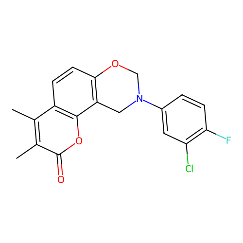 9-(3-chloro-4-fluorophenyl)-3,4-dimethyl-9,10-dihydrochromeno[8,7-e][1,3]oxazin-2(8H)-one structure