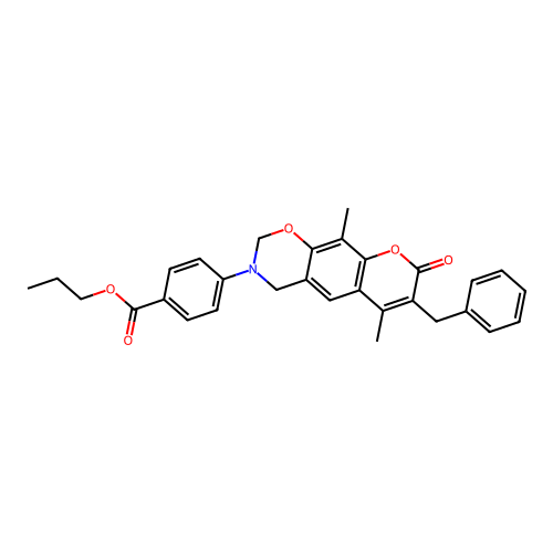propyl 4-(7-benzyl-6,10-dimethyl-8-oxochromeno[6,7-e][1,3]oxazin-3(2H,4H,8H)-yl)benzoate structure