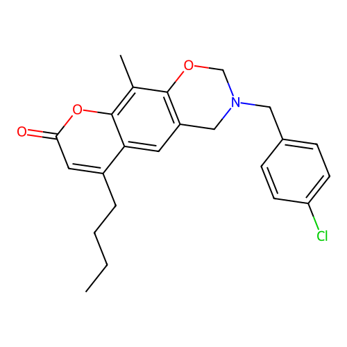 6-butyl-3-(4-chlorobenzyl)-10-methyl-3,4-dihydrochromeno[6,7-e][1,3]oxazin-8(2H)-one structure