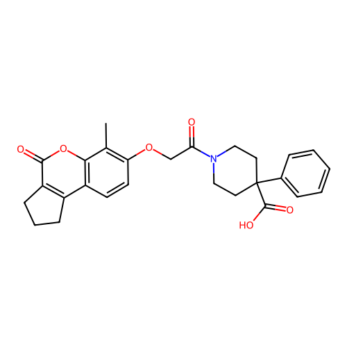 1-(2-((6-methyl-4-oxo-1,2,3,4-tetrahydrocyclopenta[c]chromen-7-yl)oxy)acetyl)-4-phenylpiperidine-4-carboxylic acid structure