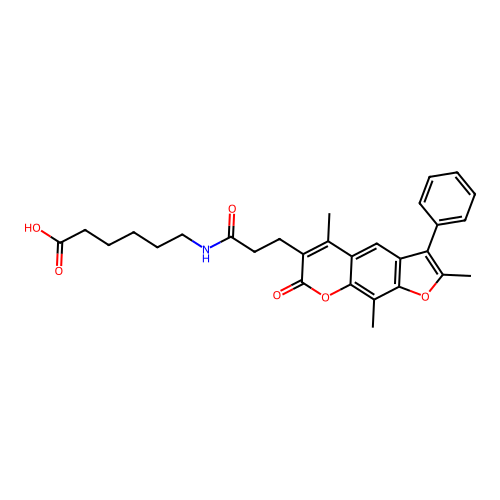 6-(3-(2,5,9-trimethyl-7-oxo-3-phenyl-7H-furo[3,2-g]chromen-6-yl)propanamido)hexanoic acid structure