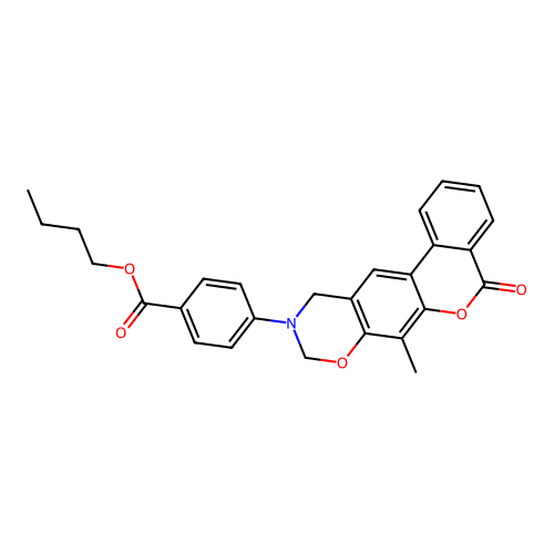 butyl 4-(7-methyl-5-oxobenzo[3,4]chromeno[6,7-e][1,3]oxazin-10(5H,9H,11H)-yl)benzoate structure