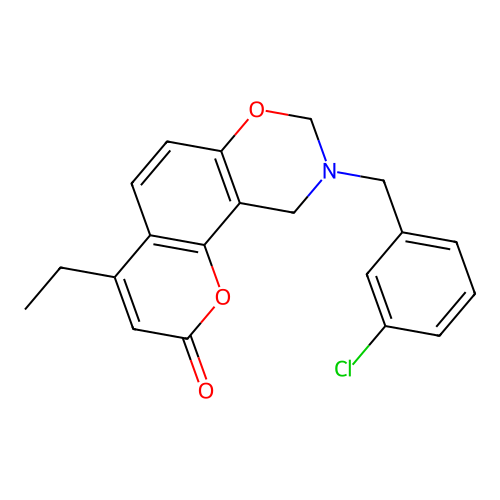 9-(3-chlorobenzyl)-4-ethyl-9,10-dihydrochromeno[8,7-e][1,3]oxazin-2(8H)-one structure